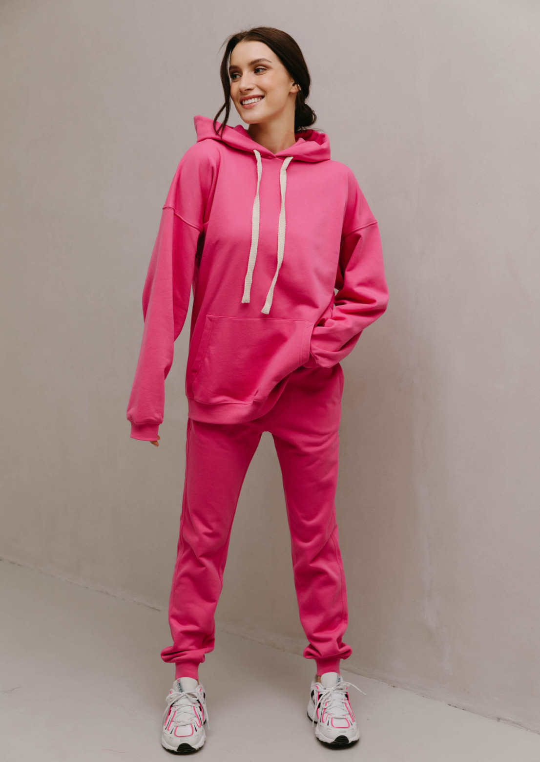 Pink barbie color three-thread hoodie